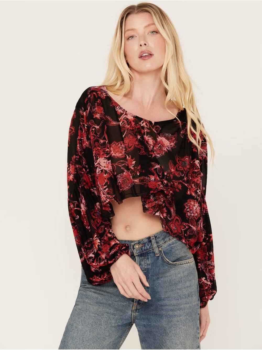 Free People Up For Anything Cropped Western Mesh Floral Boho Top Red Print Sz XS
